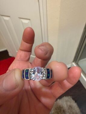 Silver Tone Clear Stone Ring with Blue-Green Enamel Accents
